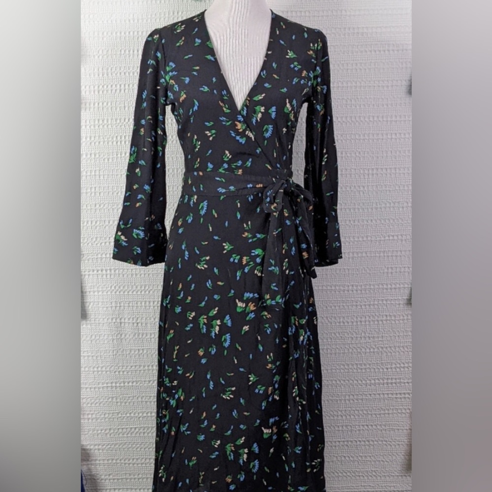 Ganni Crepe Floral Wrap Midi Dress